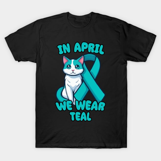 Sexual Assault And Violence Awareness Month Teal Ribbon With Cat T-Shirt by MoDesigns22 